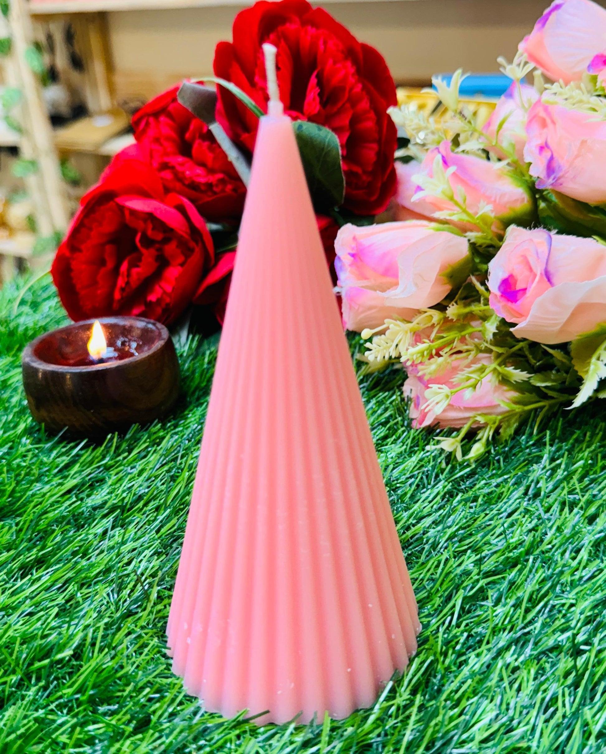 Designer Soy Wax Pink Ribbed Cone Shaped Pillar Candles