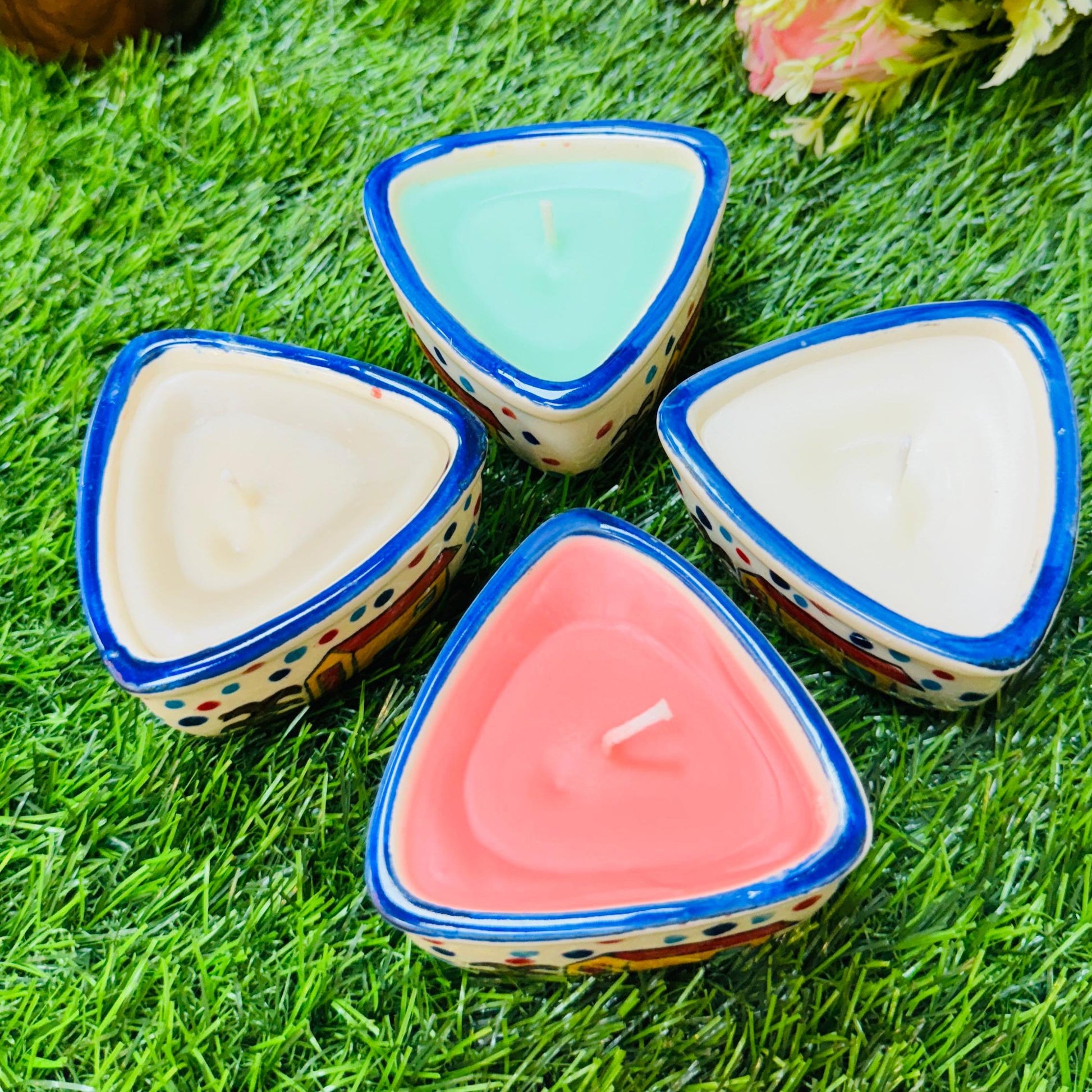 Designer Triangle Shaped Candles in Ceramic Pot - Medium Size