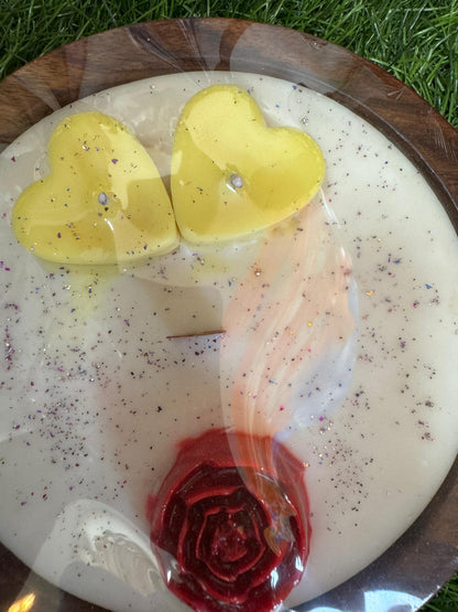 Premium Designer Scented Candle with Little Hearts and Rose Design in Sheesham Wood Bowl