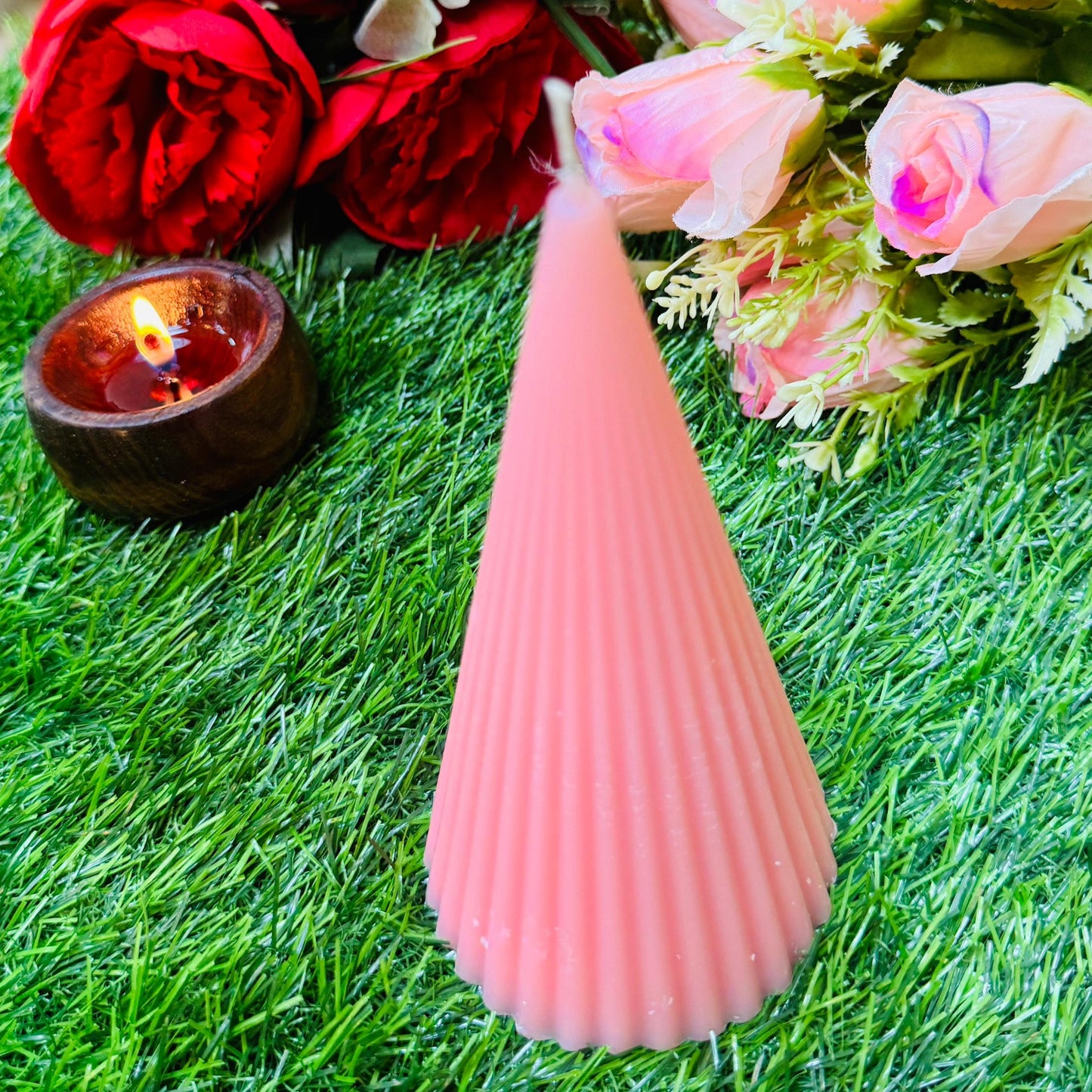 Designer Soy Wax Pink Ribbed Cone Shaped Pillar Candles