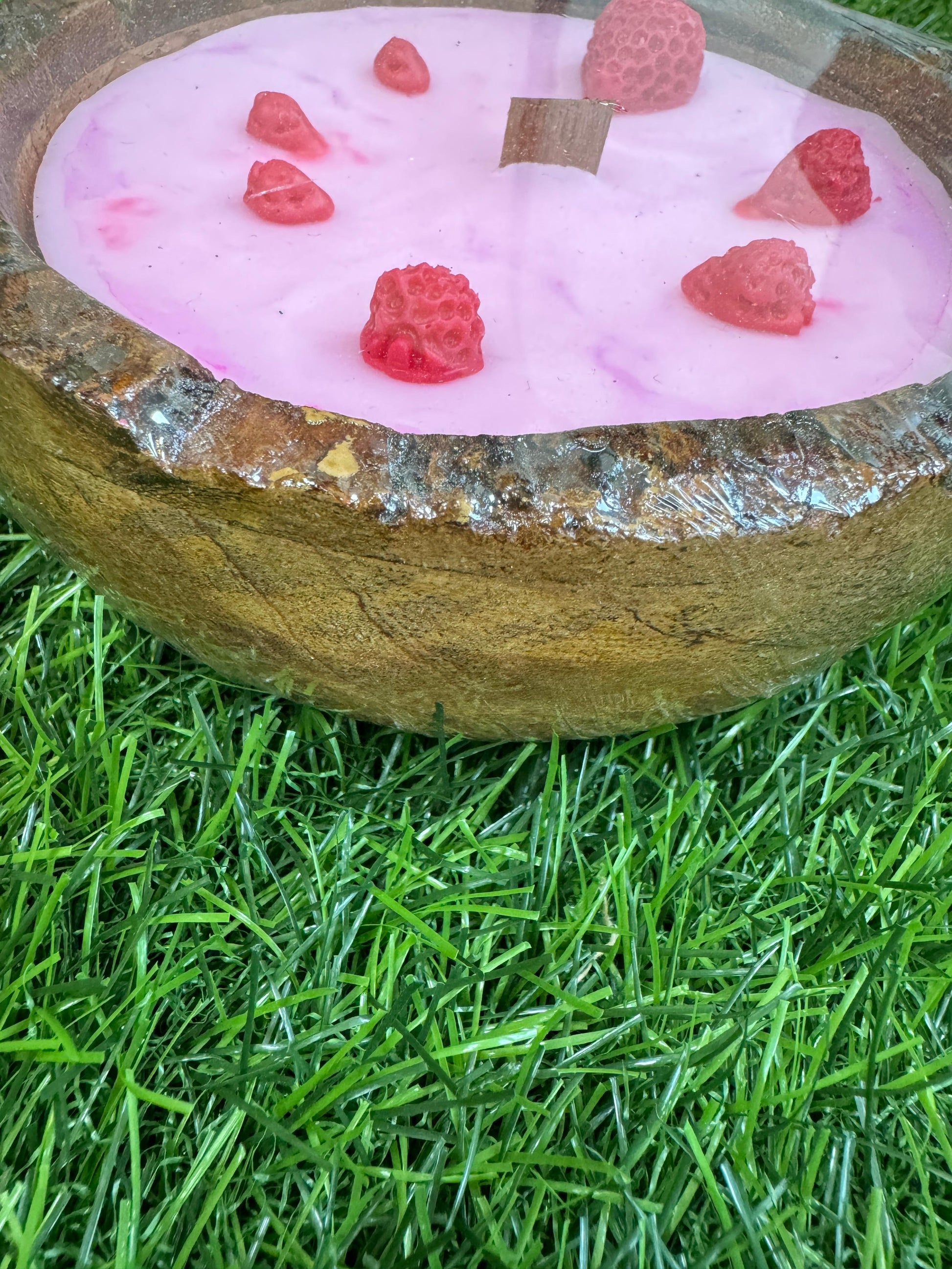 Soy Wax Strawberry Theme Designer Scented Candle in Wooden Bowl - Crafiteria