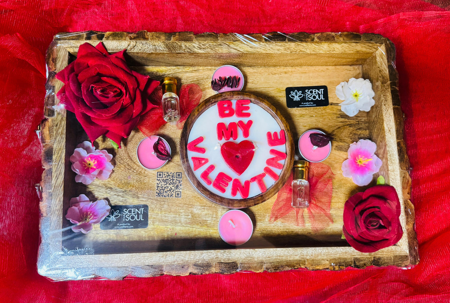 Scent Your Soul Valentine’s Day Gift Hamper ("Be My Valentine" Scented Candle, Tealight Candles, Attar Bottles,  Decorative Floral, Premium Wooden Tray) – A Romantic Fragrance Experience