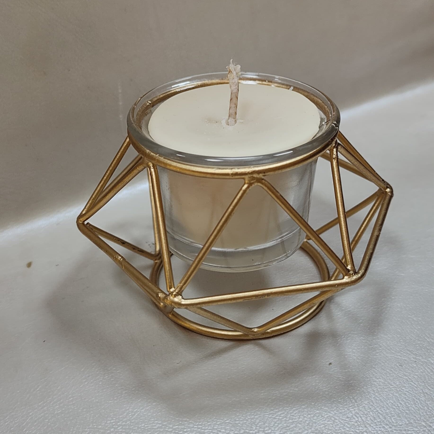 Metal Geometric Golden Candle Holder with White Glass Candle Soy Wax