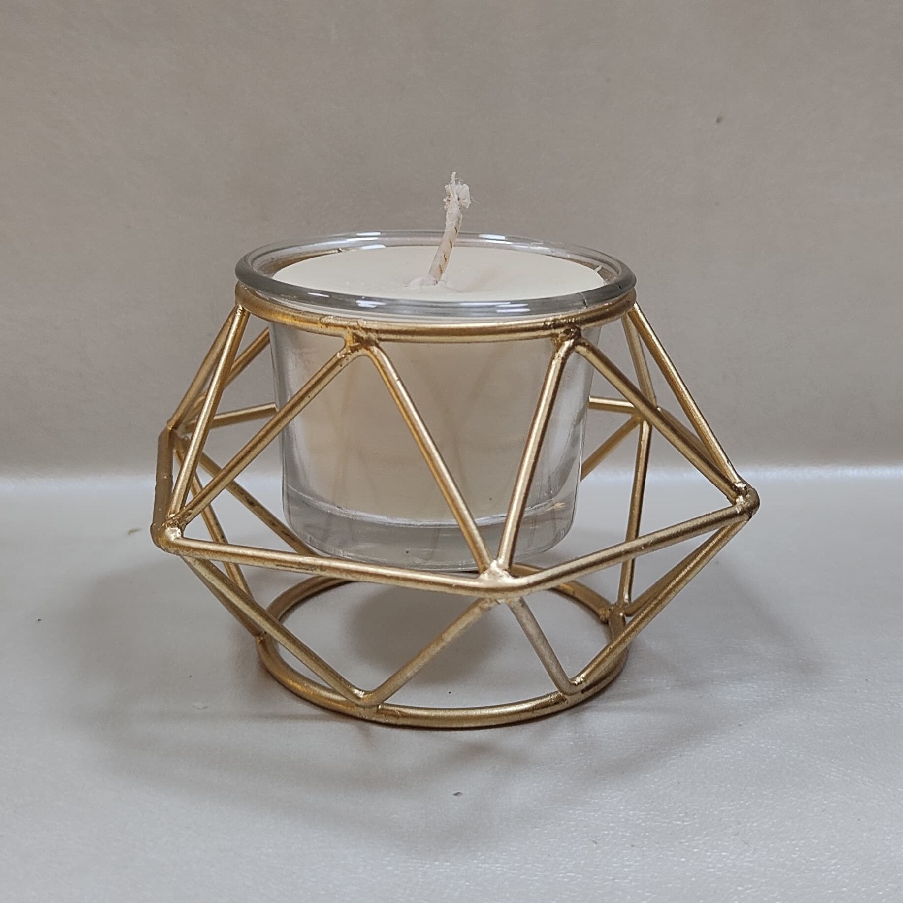 Metal Geometric Golden Candle Holder with White Glass Candle Soy Wax