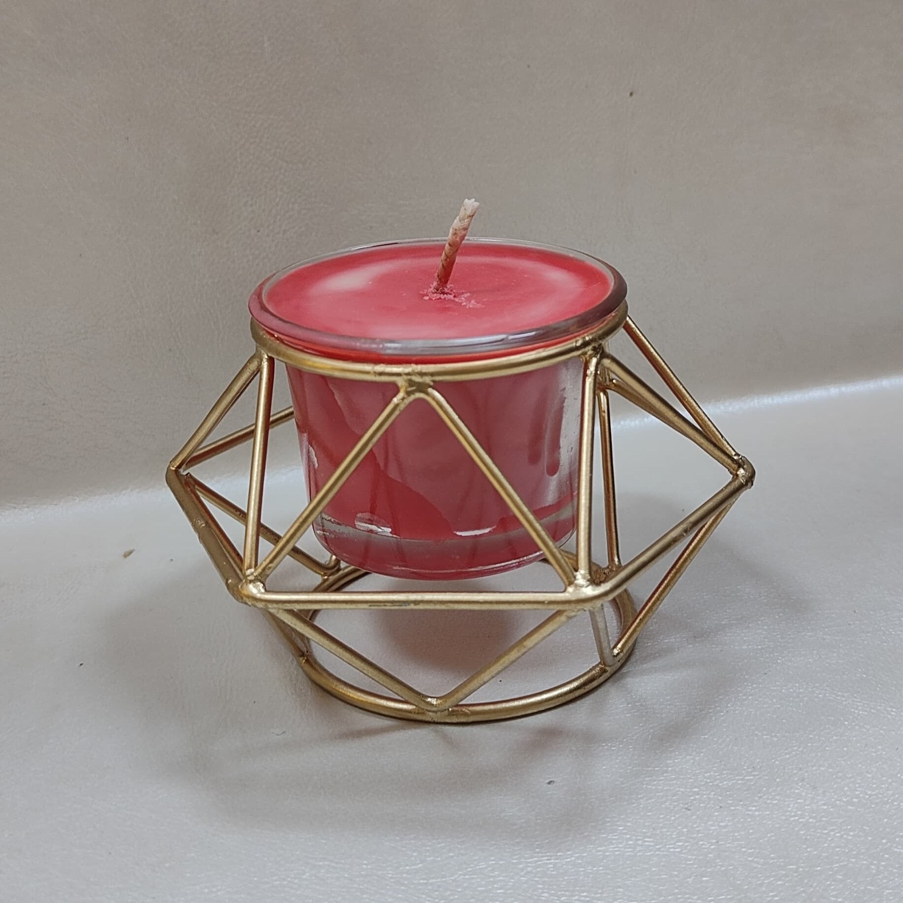 Soy Wax Scented Glass Candle with Metal Geometric Candle Holder in Golden 