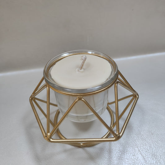 Metal Geometric Golden Candle Holder with White Glass Candle Soy Wax