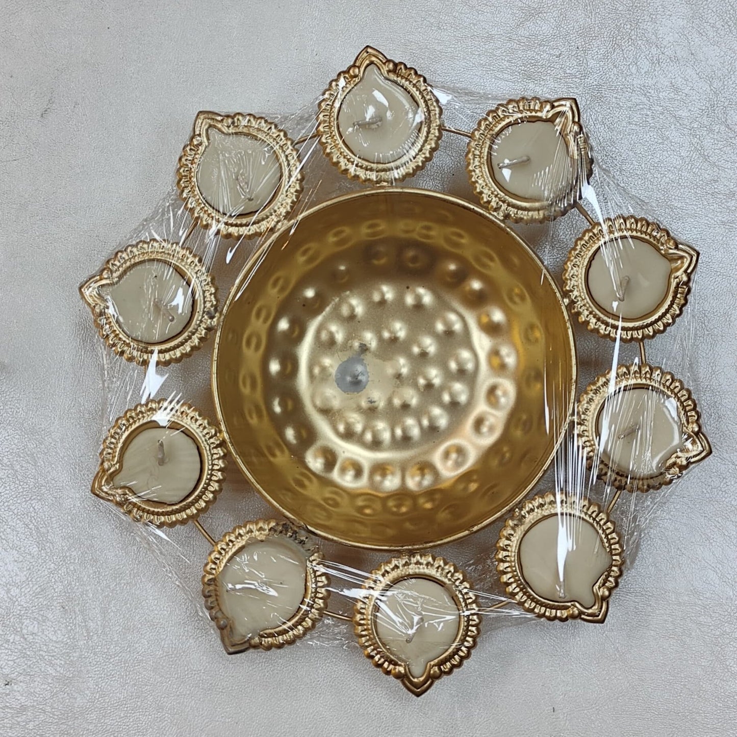 Handcrafted Premium Diya Shape Gold Plated Decorative Urli Bowl with Soy Wax Candle – 10 Diya Set 