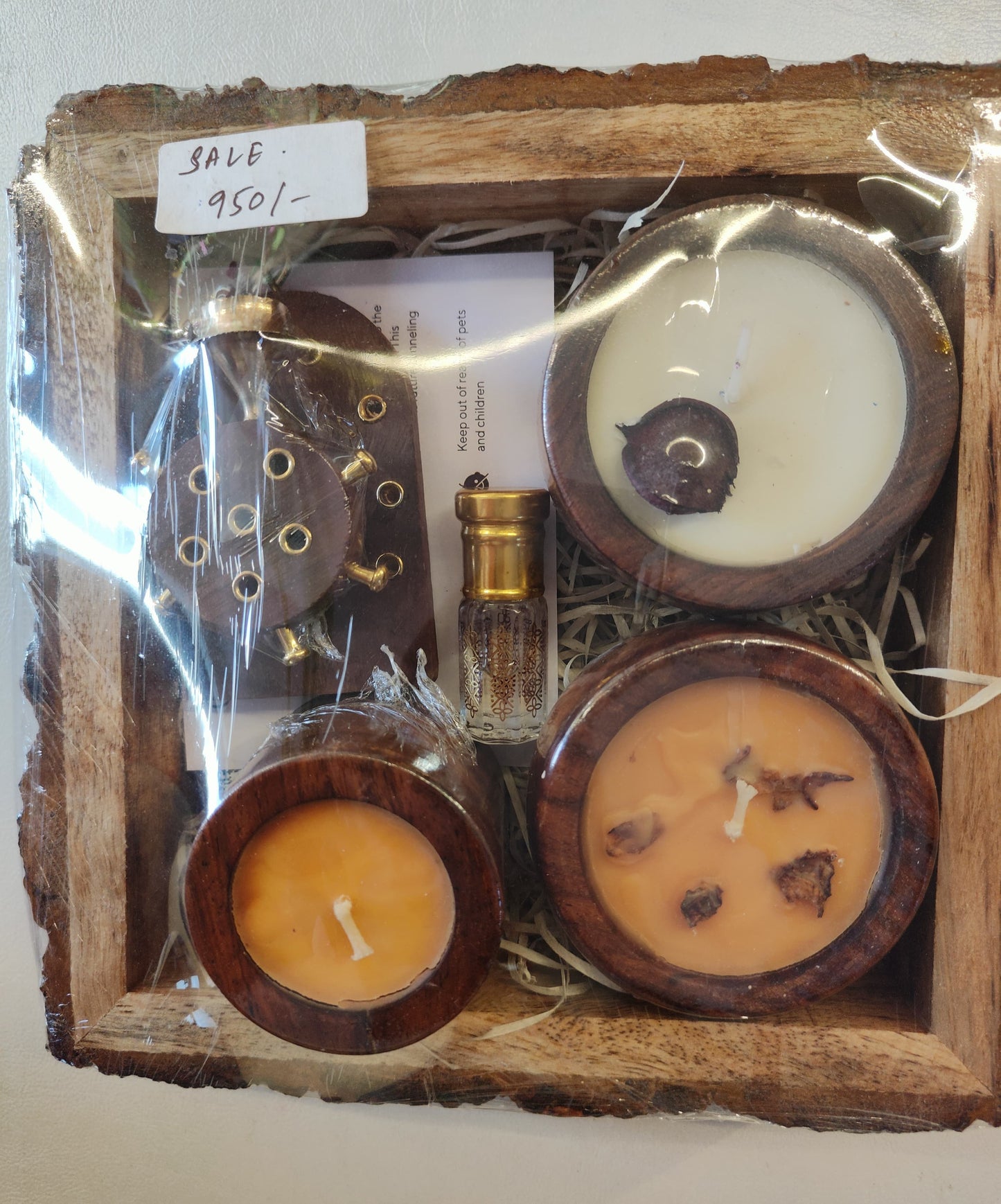 Gift Hamper with 3 Designer Soy Wax Candle, Tortoise Wooden Incense Holder, and Roll-On Attar in a Wooden Buckle Tray