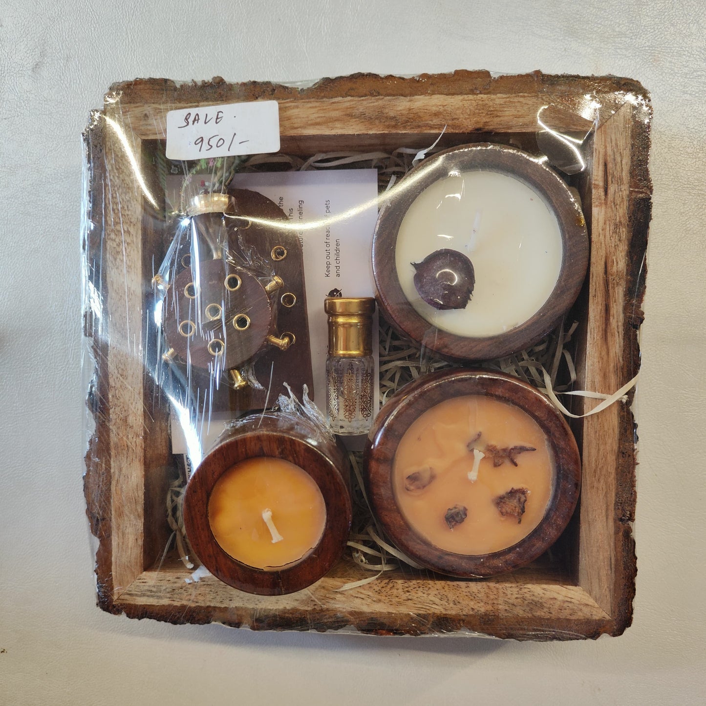 Diwali Gift Hamper with 3 Designer Soy Wax Candle, Tortoise Wooden Incense Holder, and Roll-On Attar in a Wooden Buckle Tray