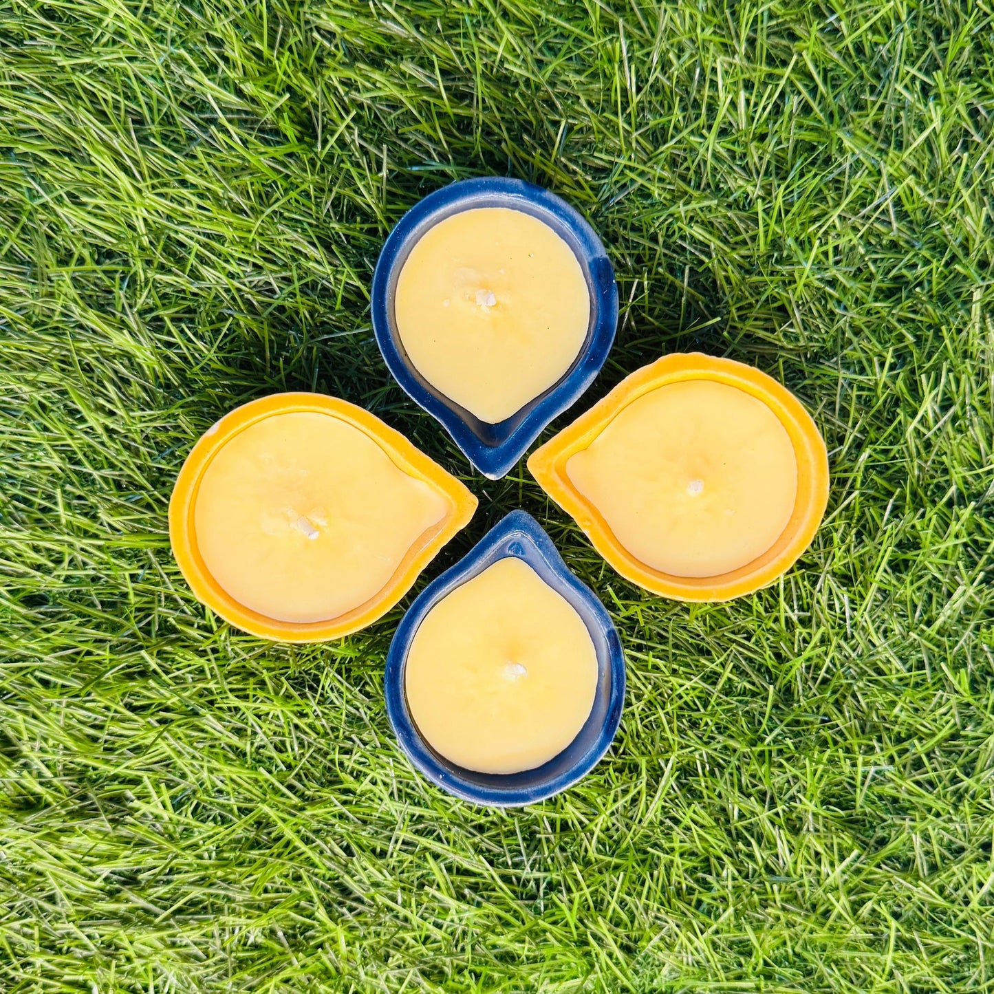 4 Piece Multicolor Ceramic Pure Soy Wax Diya Set – Yellow and Blue 