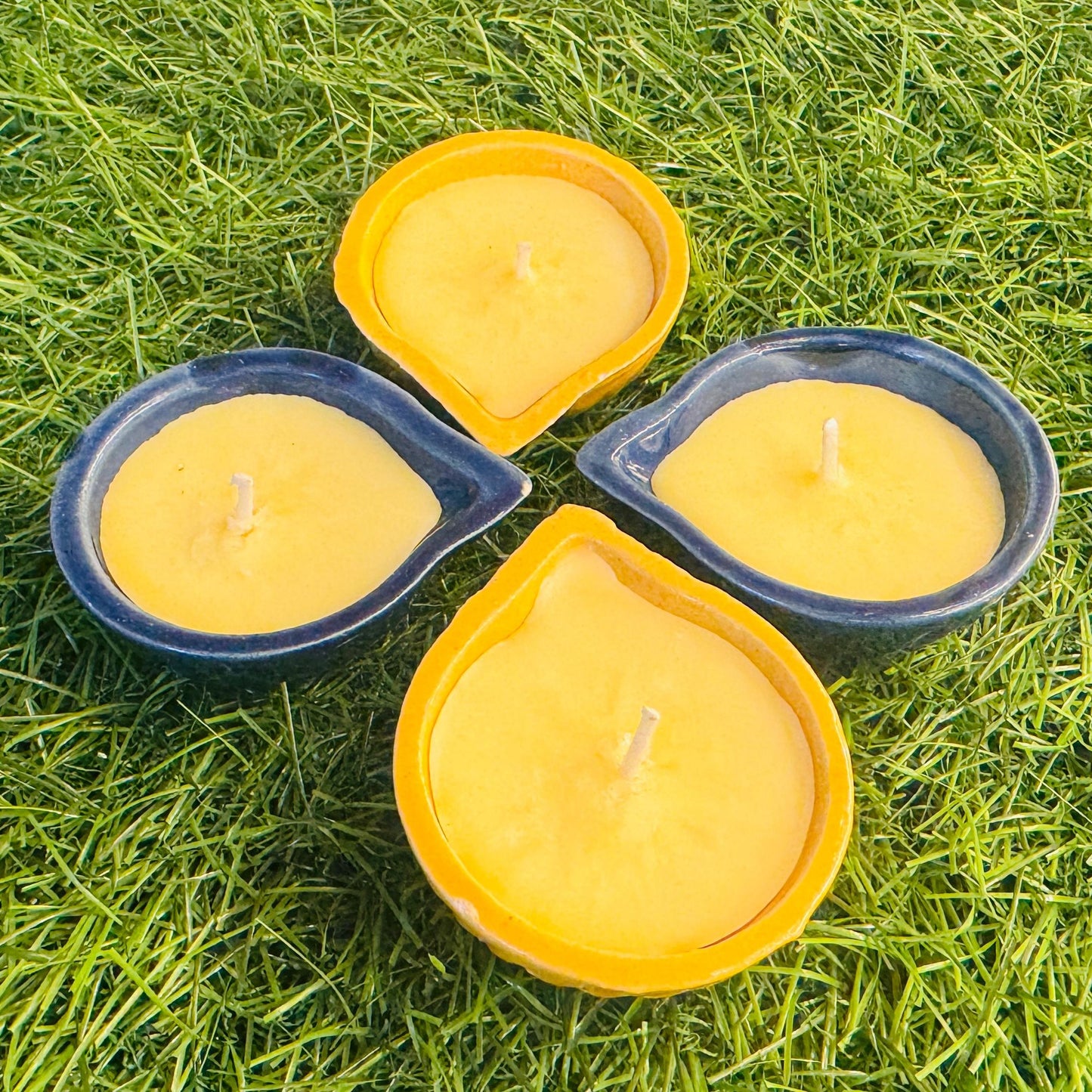 4 Piece Multicolor Ceramic Pure Soy Wax Diya Set – Yellow and Blue 