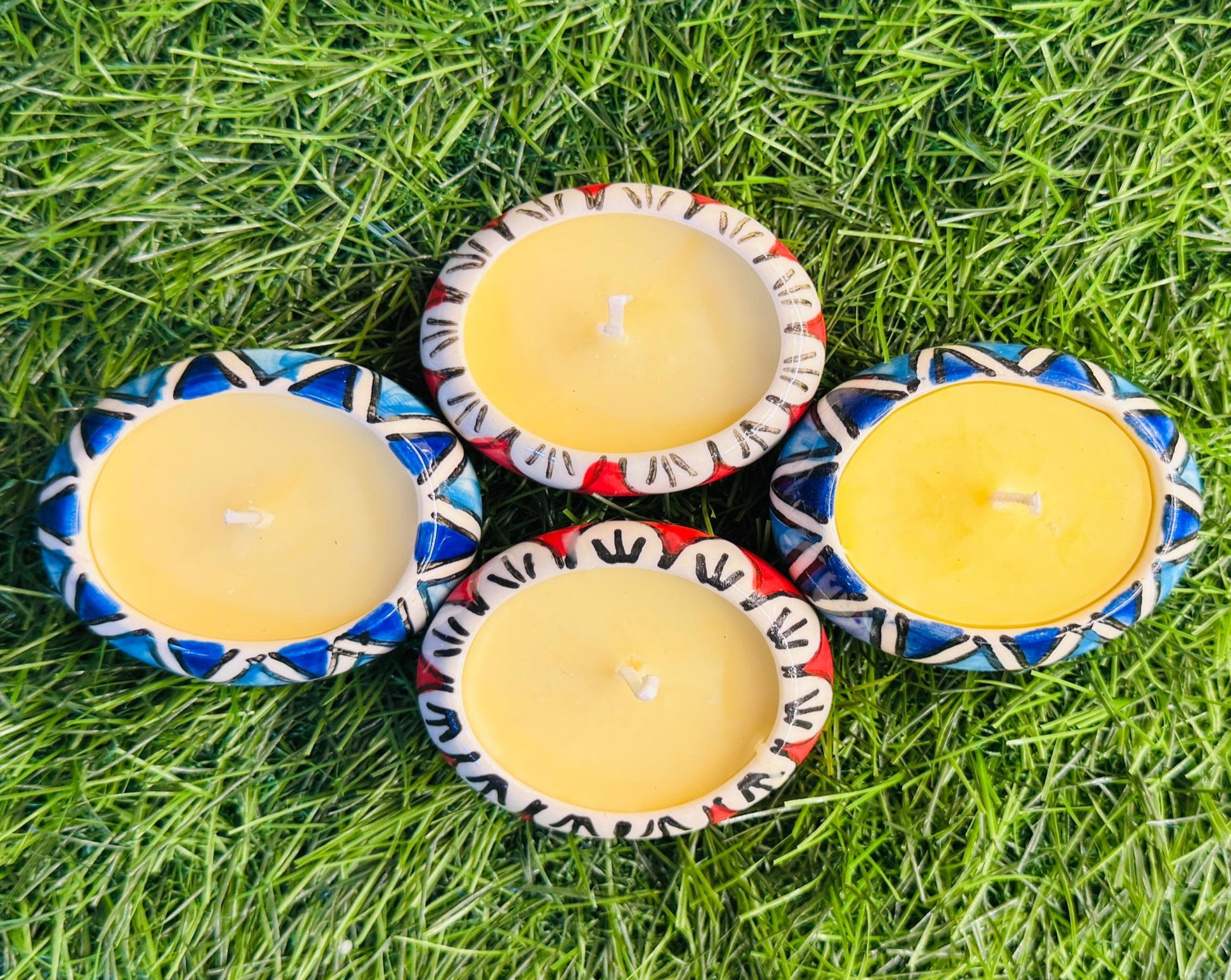 Ceramic Flower Design Hand-Painted Reusable Soy Wax Candle Diya for Decoration