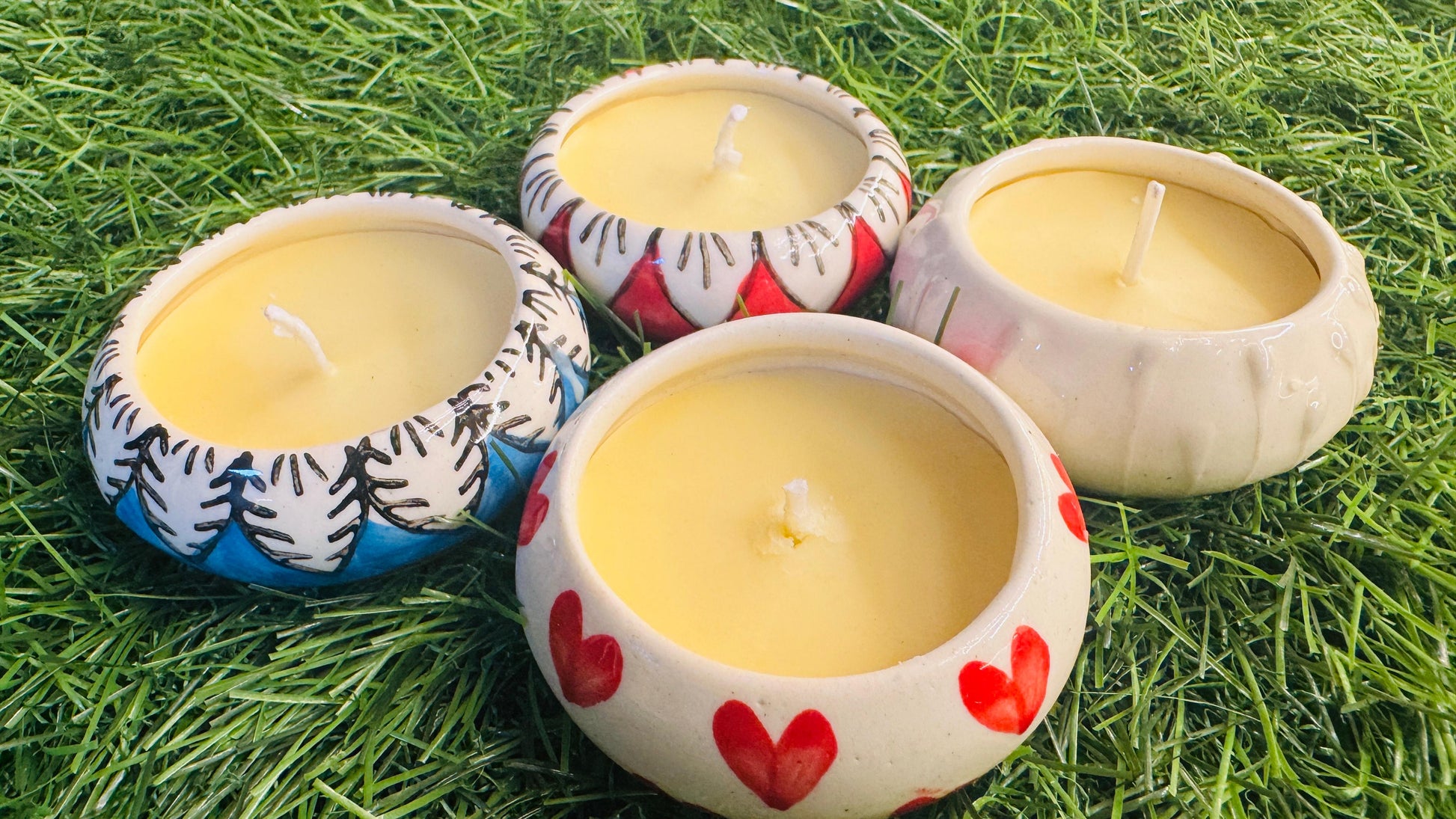 Ceramic Flower Design Hand-Painted Reusable Soy Wax Candle Diya for Decoration