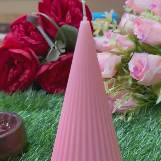 Designer Soy Wax Pink Ribbed Cone Shaped Pillar Candles 