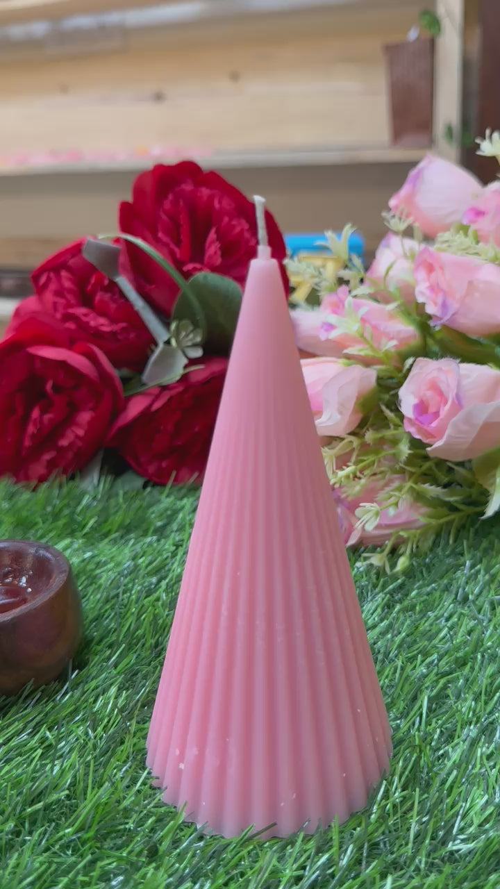 Designer Soy Wax Pink Ribbed Cone Shaped Pillar Candles 