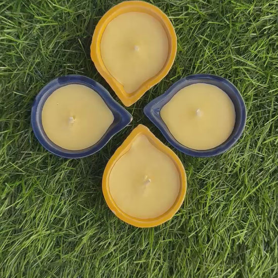 4 Piece Multicolor Ceramic Pure Soy Wax Diya Set – Yellow and Blue 