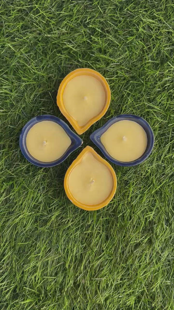 4 Piece Multicolor Ceramic Pure Soy Wax Diya Set – Yellow and Blue 